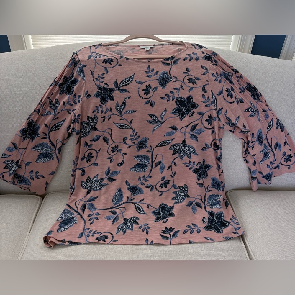 J. Jill Pink Floral 3/4 Sleeve Top with Navy Pattern Size XL